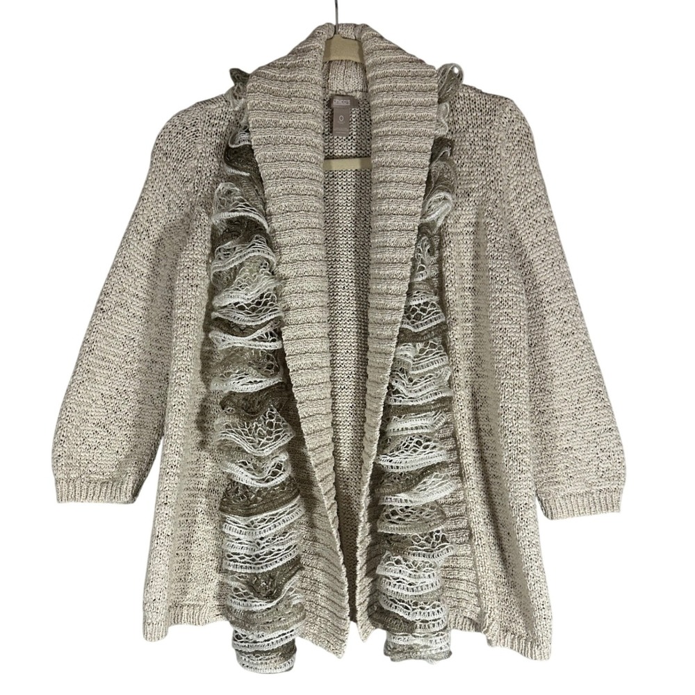 Chicos Open‎ Front Knit Cardigan Sweater Sz 0, Small Ruffle Scarf Neutral Cotton